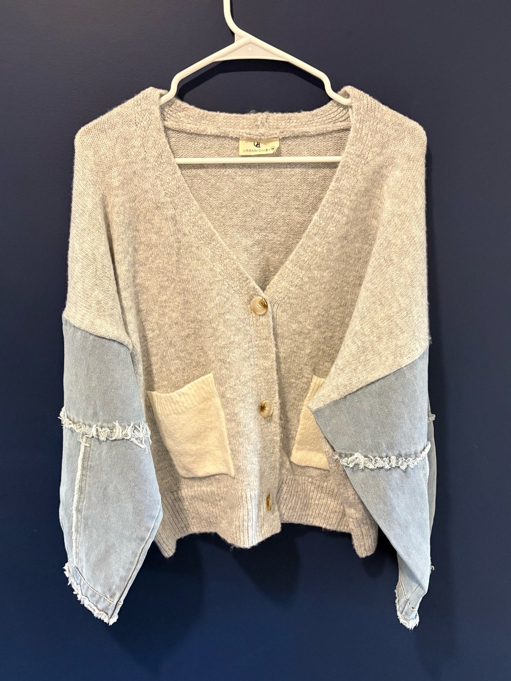 Urban Daisy Knit V-Neck Cardigan Sweater with Denim Raw Hem Sleeves - Size M/L